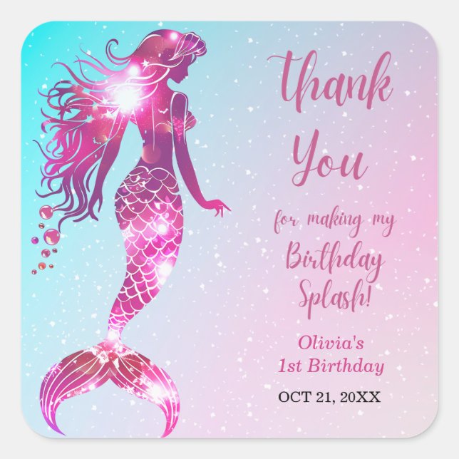 Splish Splash Mermaid 1st Birthday Thank You  Square Sticker (Front)