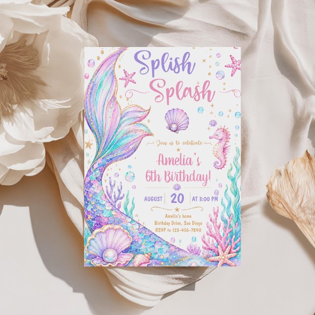 Splish Splash Mermaid 6th Birthday Invitation (Creator Uploaded)