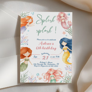 Splish Splash Mermaid 6th Birthday Invitation