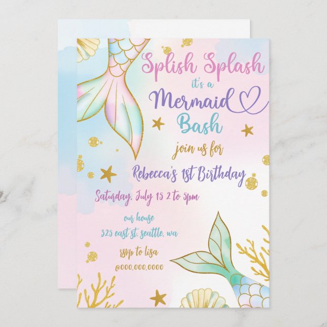 Splish Splash Mermaid Bash Birthday Party Invitation (Front/Back)