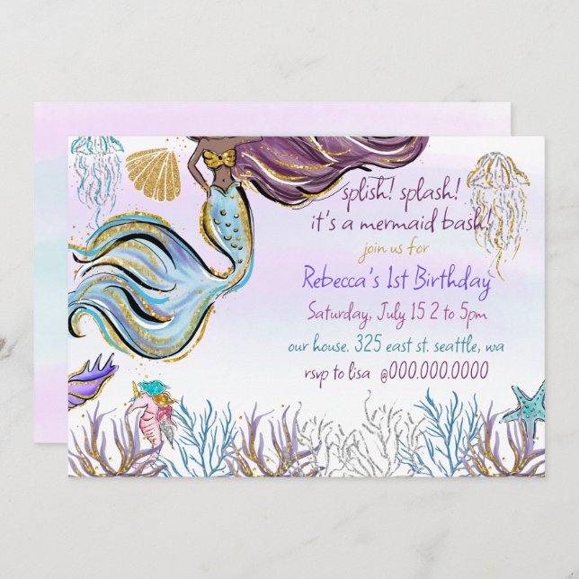 Splish Splash Mermaid Bash Birthday Party Invitation (Front/Back)