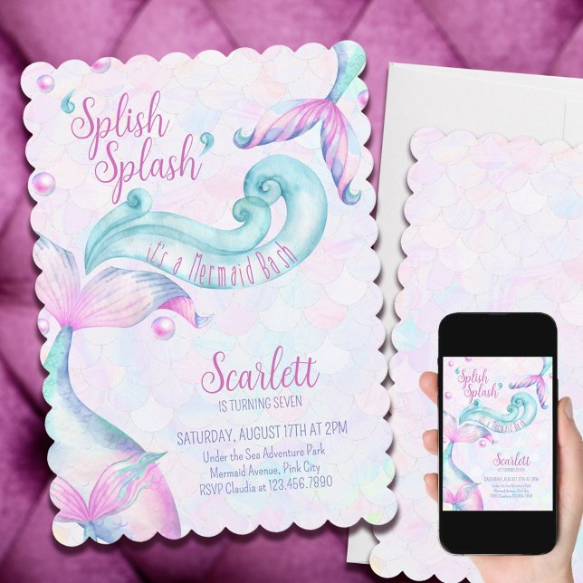 Splish Splash Mermaid Bash Girl Birthday Party Invitation (Creator Uploaded)