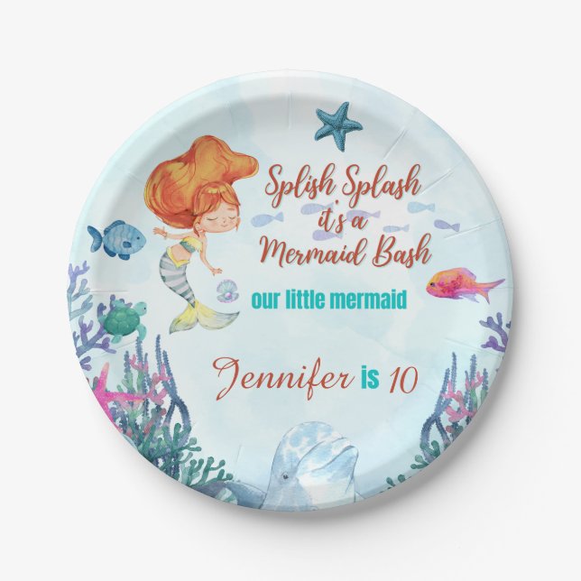 Splish Splash Mermaid Bash Girls Birthday Party Paper Plate (Front)