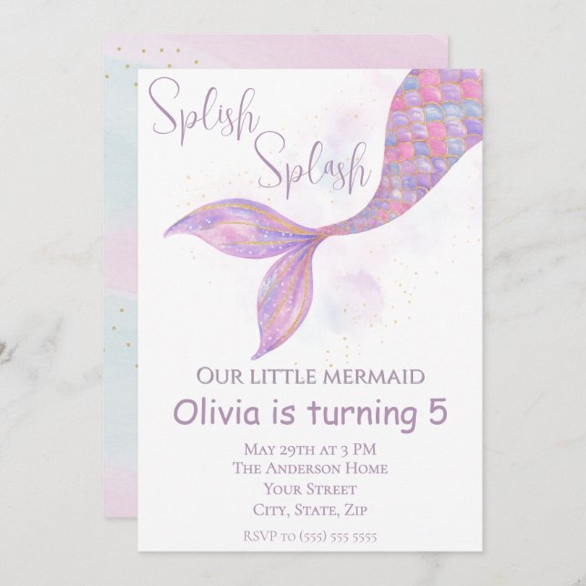 Splish Splash Mermaid Birthday Invitation (Front/Back)