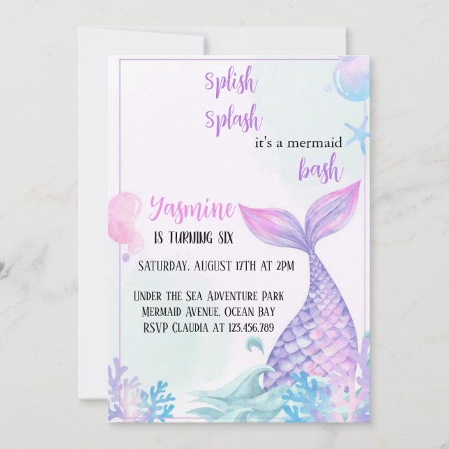 splish splash mermaid birthday invitation (Front)