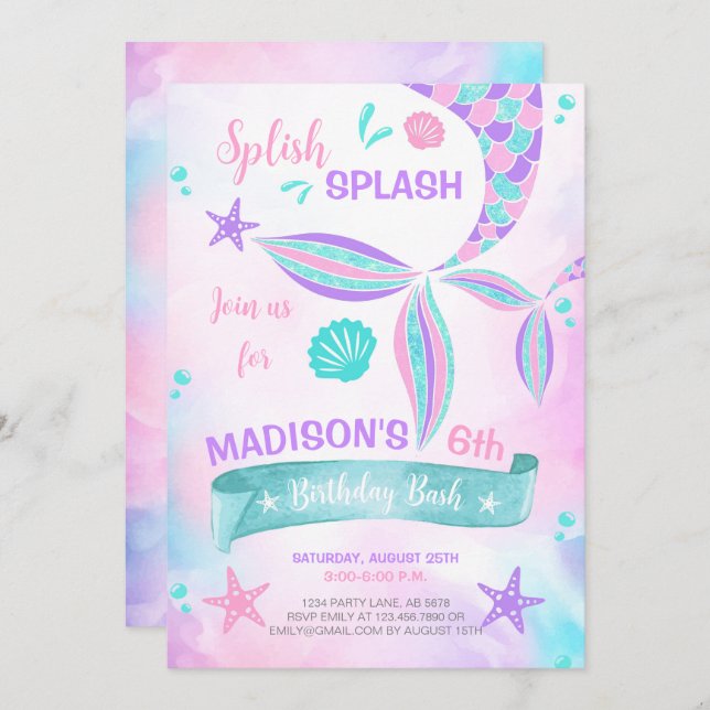 Splish Splash Mermaid Birthday Invitation (Front/Back)