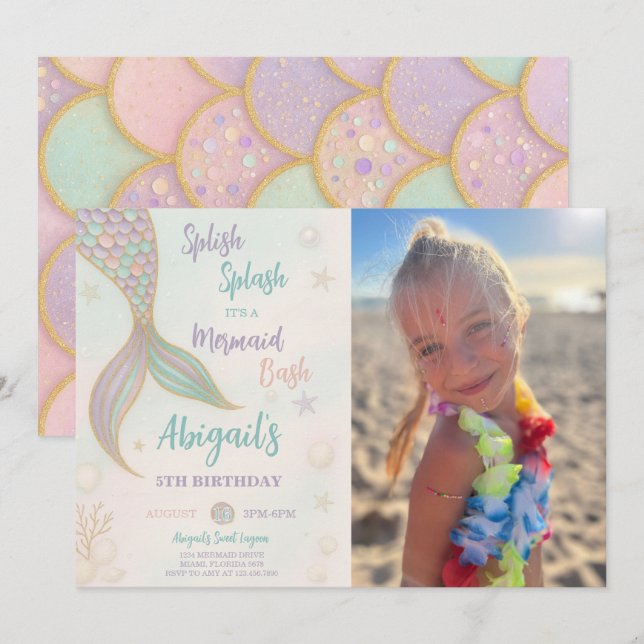 Splish Splash Mermaid Birthday Photo Invitation (Front/Back)