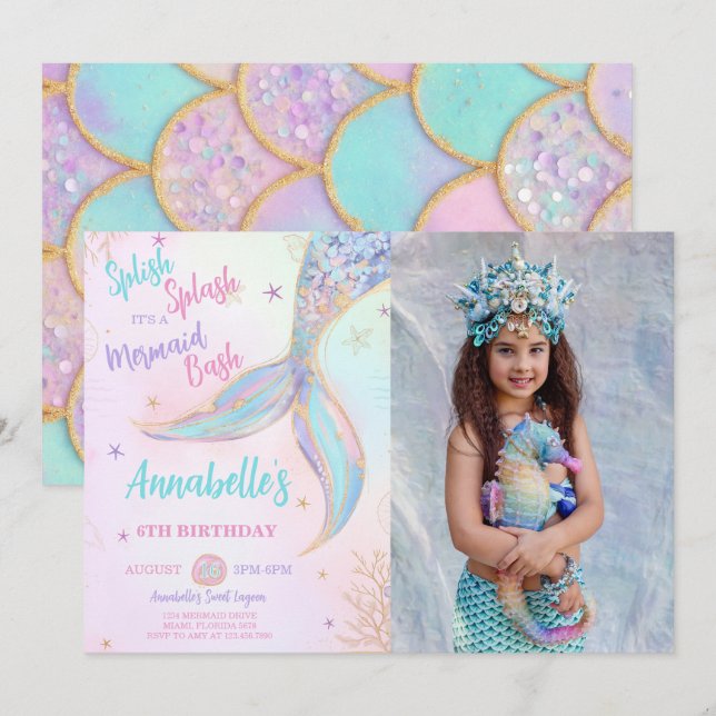 Splish Splash Mermaid Birthday Photo Invitation (Front/Back)