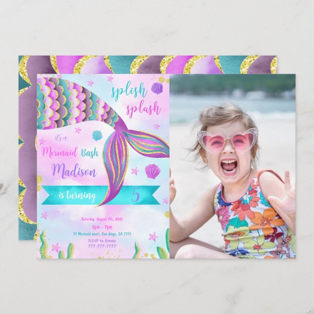 Splish Splash Mermaid Birthday Photo Invitation (Front/Back)