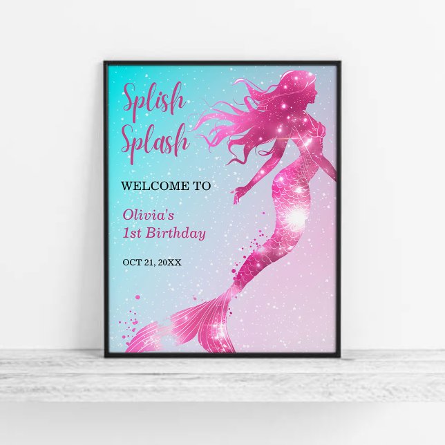 Splish Splash Mermaid Girl 1st Birthday Welcome  Poster (Splish Splash Mermaid Girl 1st Birthday Welcome Sign )