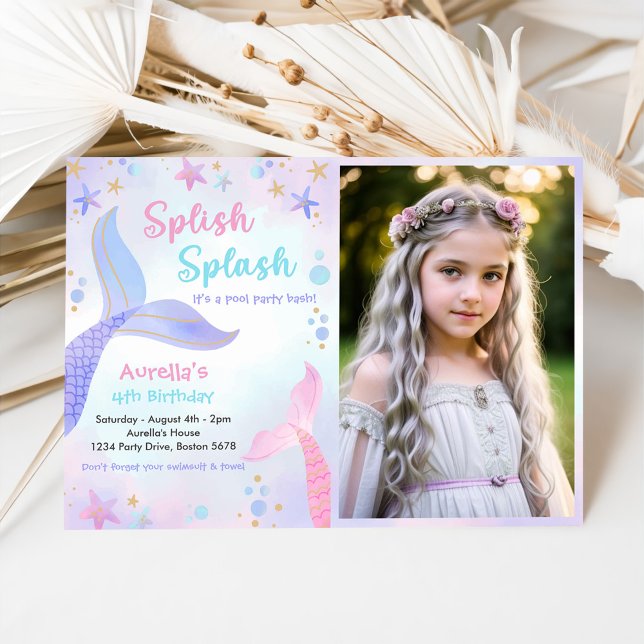 Splish Splash Mermaid Girl 4th Birthday Photo Invitation (Creator Uploaded)