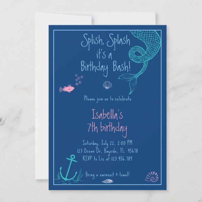 Splish Splash Mermaid Girl Pool Party  Invitation (Front)