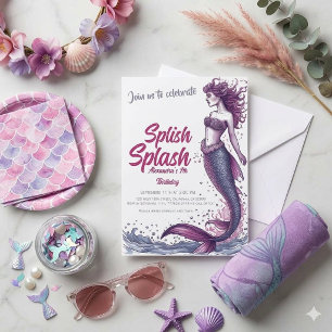 Splish Splash Mermaid Pool Party Birthday  Invitation