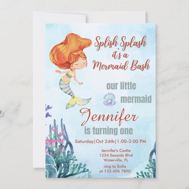 Splish Splash Orang Mermaid Bash Girl 1st Birthday Invitation (Front)