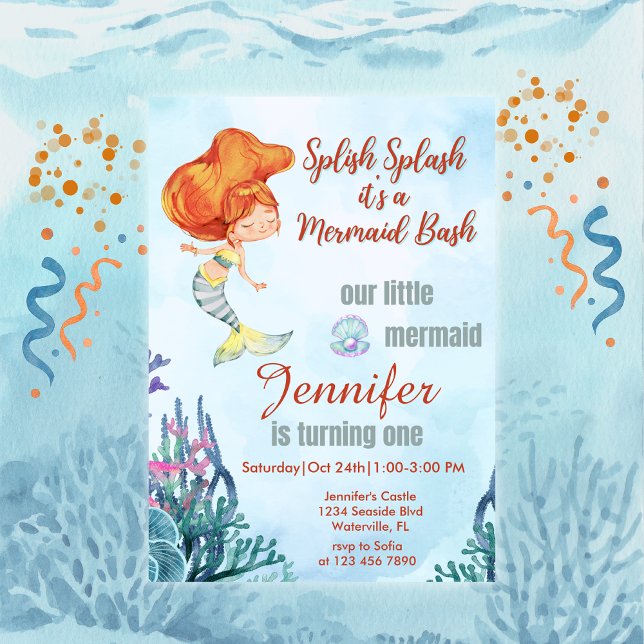 Splish Splash Orang Mermaid Bash Girl 1st Birthday Invitation (Creator Uploaded)