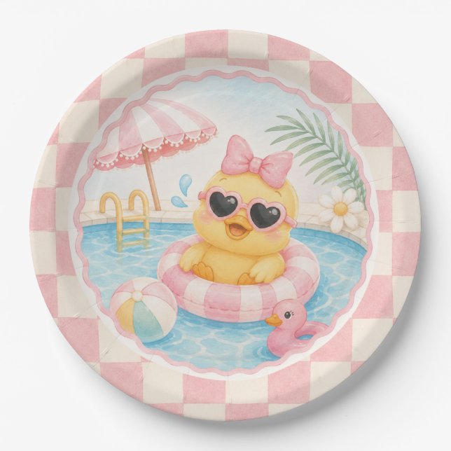 Splish Splash Pink Duck Pool Party Paper Plates  (Front)