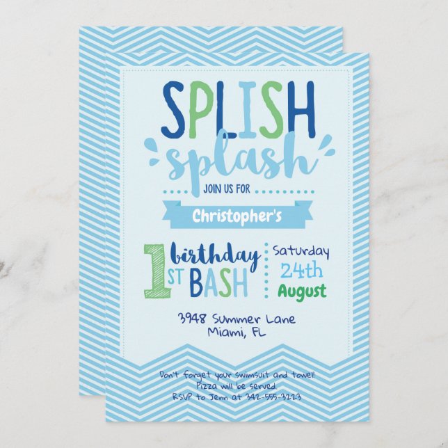 Splish Splash Pool Party 1st Birthday Invitation (Front/Back)