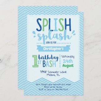 Splish Splash Pool Party 1st Birthday Invitation