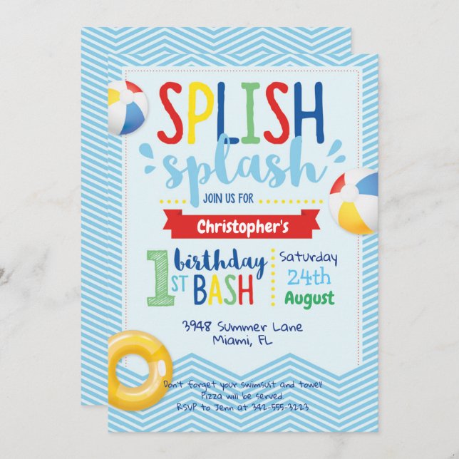 Splish Splash Pool Party 1st Birthday Invitation (Front/Back)