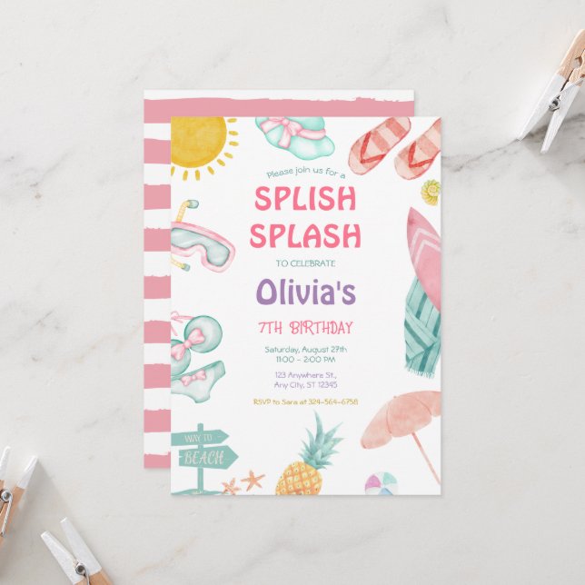 Splish Splash Pool Party Bash Girl Pink Birthday Invitation (Front/Back In Situ)