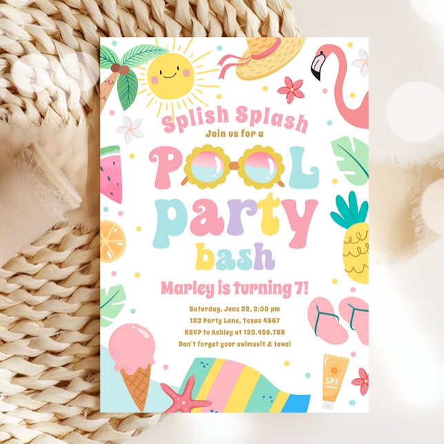Splish Splash Pool Party Bash Girl Pink Birthday Invitation (Creator Uploaded)