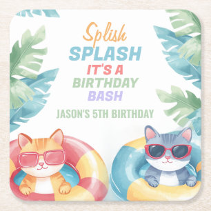 Splish Splash Pool Party Birthday Square Paper Coaster