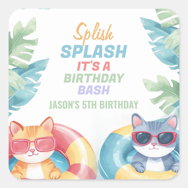 Splish Splash Pool Party Birthday Square Sticker (Front)