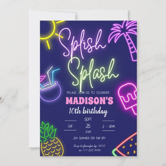 Splish Splash Pool Party Glow Neon Birthday Invitation (Front)