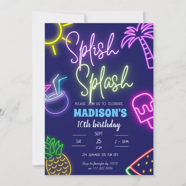 Splish Splash Pool Party Glow Neon Birthday Invitation (Front)