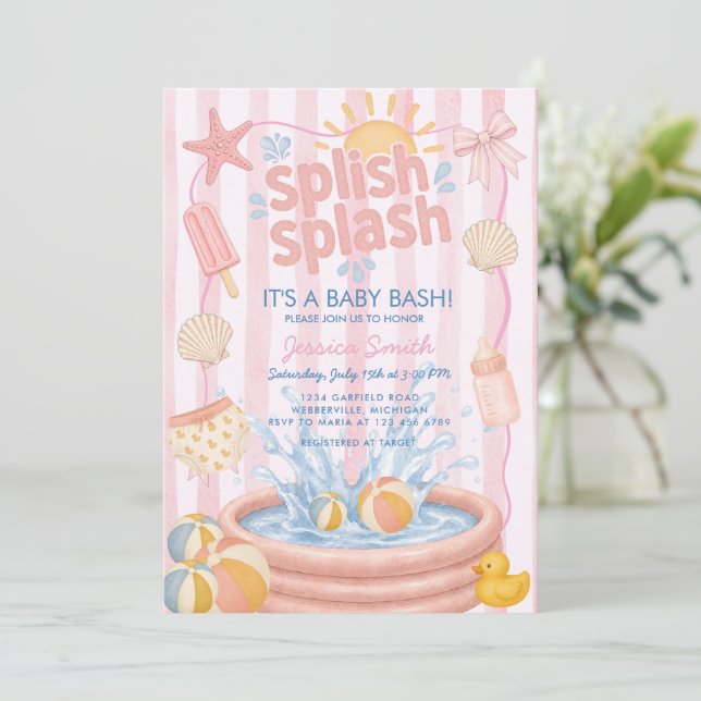 Splish Splash Pool Summer Pink Baby Shower Invitation (Standing Front)