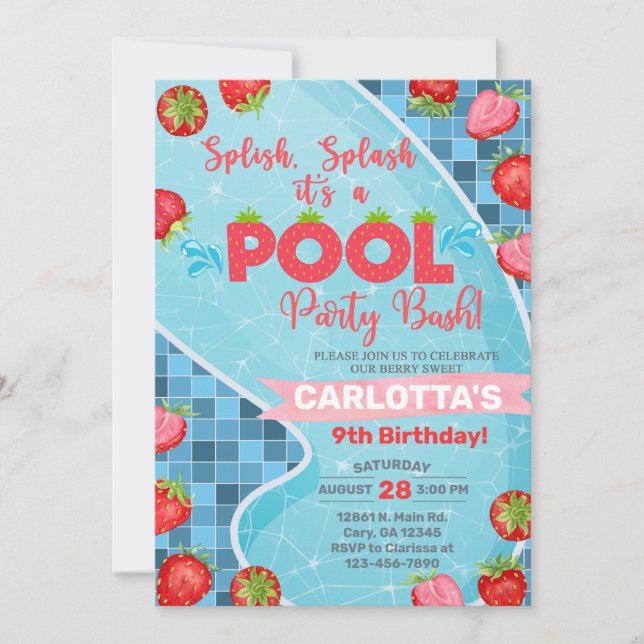 Splish splash strawberries pool party invitation.  invitation (Front)