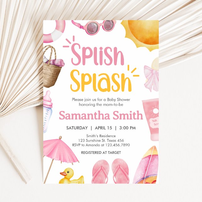 Splish Splash Summer Baby Shower Invitation (Pink Splish Splash Baby Shower Invitation)