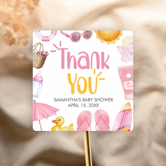 Splish Splash Summer Baby Shower Square Sticker (Pink Splish Splash Baby Shower Sticker)
