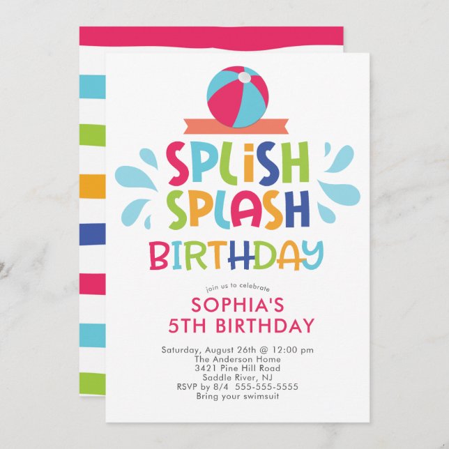 Splish Splash Summer Pool Birthday Invitation (Front/Back)