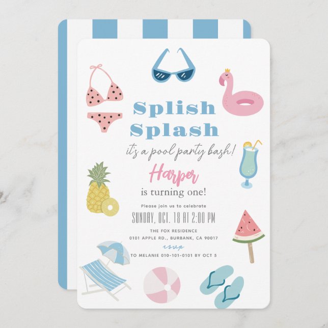 Splish Splash Summer Pool Party Girl 1st Birthday Invitation (Front/Back)