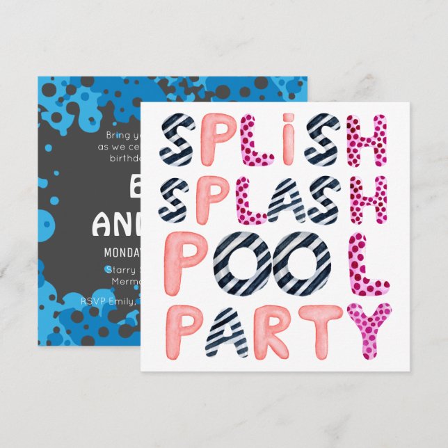 Splish Splash TEEN POOL PARTY Pink Black Modern Invitation (Front/Back)