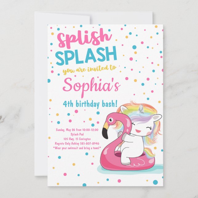 Splish Splash Unicorn Bash Pool Girl Birthday Invitation (Front)