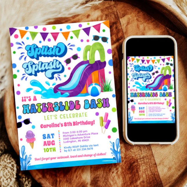 Splish Splash Waterslide Bash Girl Birthday  Invitation (Splish Splash Waterslide Bash Girl Birthday Invitation)