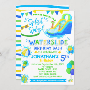 Splish Splash Waterslide Birthday Blue Green Pool  Invitation