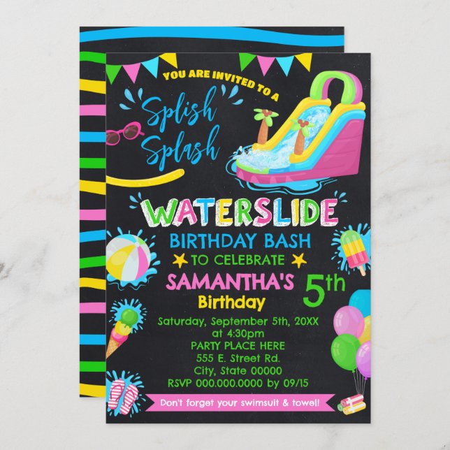 Splish Splash Waterslide Birthday Party Chalkboard Invitation (Front/Back)
