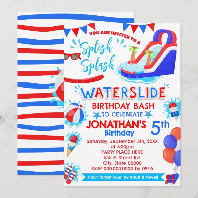 Splish Splash Waterslide Birthday Red White Blue Invitation (Front/Back)