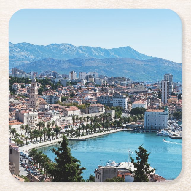 Split city seafront aerial view, Dalmatia, Croatia Square Paper Coaster (Front)