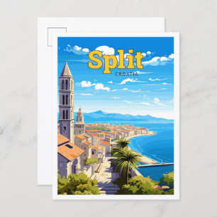 Split Croatia Travel Art Vintage Illustration Postcard
