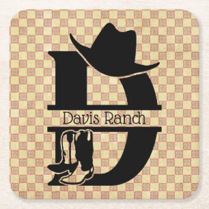 Split 'D' Cowboy Monogram Square Paper Coaster