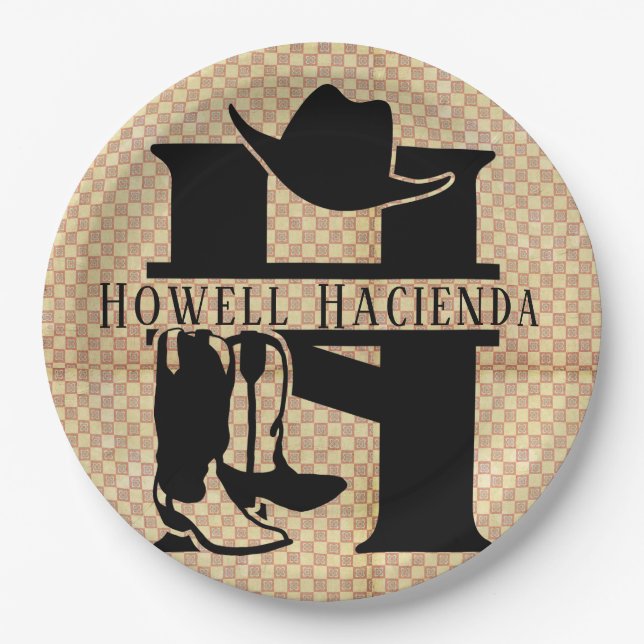 Split 'H' Cowboy Monogram Paper Plate (Front)