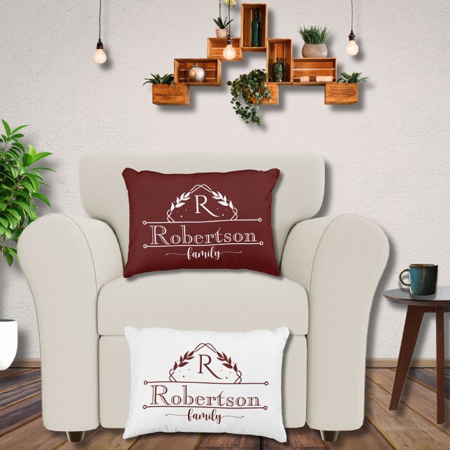 Split Monogram Family Name Deep Burgundy Frame Decorative Cushion (Creator Uploaded)