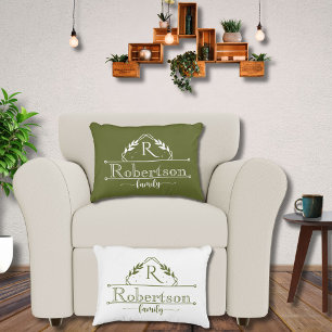 Split Monogram Family Name Olive Green Frame Decorative Cushion