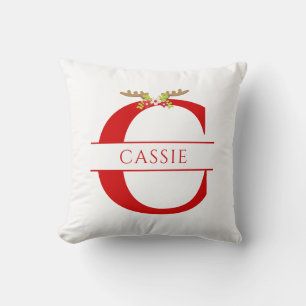Split Monogram Letter C Xmas Deer Antlers Cushion