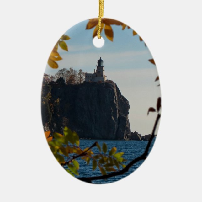 Split Rock Lighthouse in the Fall Ceramic Ornament (Front)