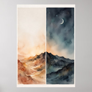 Split View Watercolor Mountain and Night Sky Lands Poster
